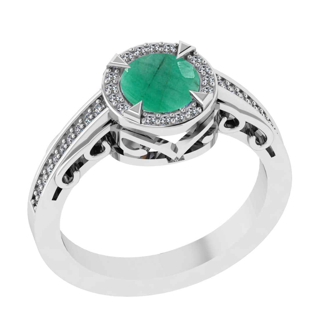 1.02 Ctw VS/SI1 Emerald and Diamond 14k white Gold Engagement Ring: Center Stone Weight :-0.84 Ctw ( Round Cut) Center Stone Color :-Emerald Center Stone Setting : Prong Side Diamond Weight Of Ctw :- 0.18 Ctw Color : J-K Clarity : VS/SI1 Daimond Setting : Prong Metal