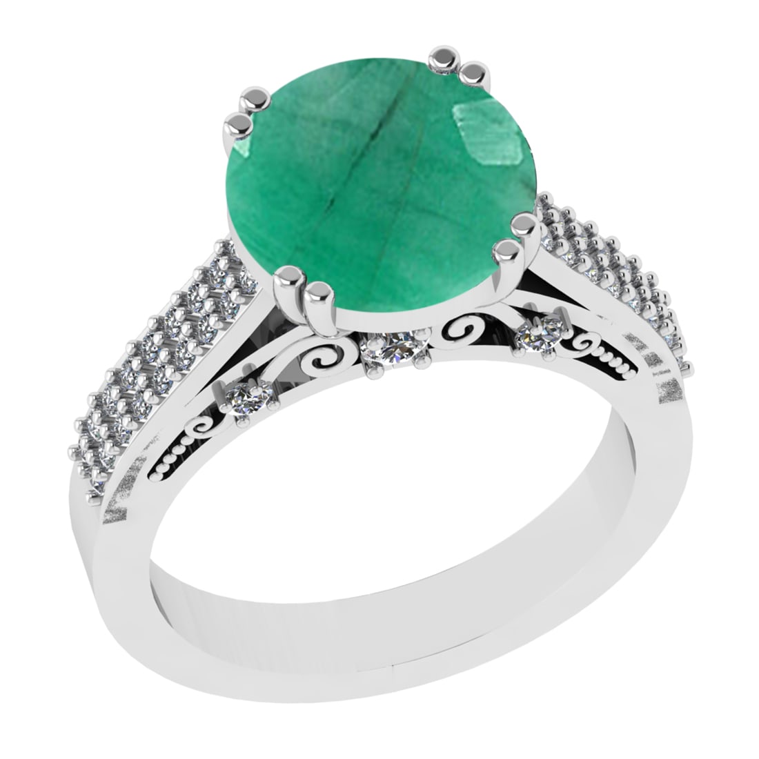 4.39 Ctw VS/SI1 Emerald and Diamond 14k white Gold Engagement Ring: Center Stone Weight :-3.87 Ctw ( Round Cut) Center Stone Color :-Emerald Center Stone Setting : Prong Side Diamond Weight Of Ctw :- 0.52 Ctw Color : J-K Clarity : VS/SI1 Daimond Setting : Prong Metal