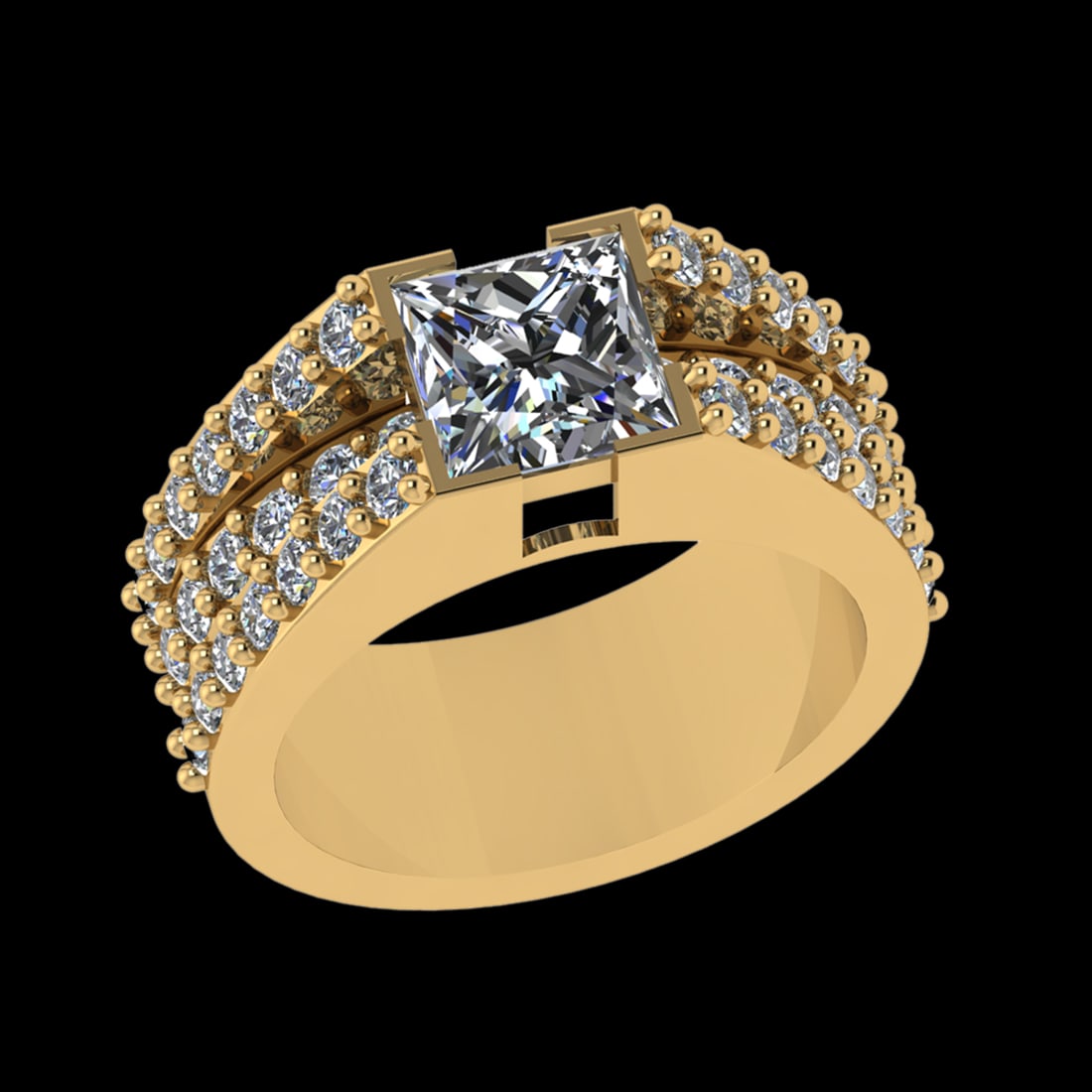2.90 Ctw VS/SI1 Diamond Prong Set 18k Yellow Gold Engagement Ring (ALL DIAM: Center Daimond Weight :-1.50 Ctw (Princess Cut) Color : G-H Clarity : VS/SI1 Side Diamond Weight Of Ctw 1.40 Ctw Color : G-H Clarity : VS/SI1 Daimond Setting : Prong Metal Weight : Approx 5.33 gram