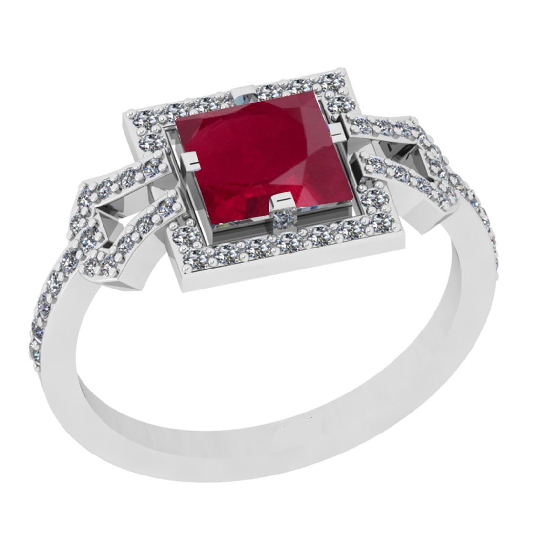 1.34 Ctw VS/SI1 Ruby And Diamond 14K White Gold Wedding Halo Ring: Center Stone Weight : 1.00 Ctw (Cushion Cut )Center Stone Color : Ruby Stone Setting : Prong Side Stone Weight Of Ctw 0.34 Ctw Side Stone Color : J-K Stone Clarity : VS/SI1 Stone Setting : Prong Metal