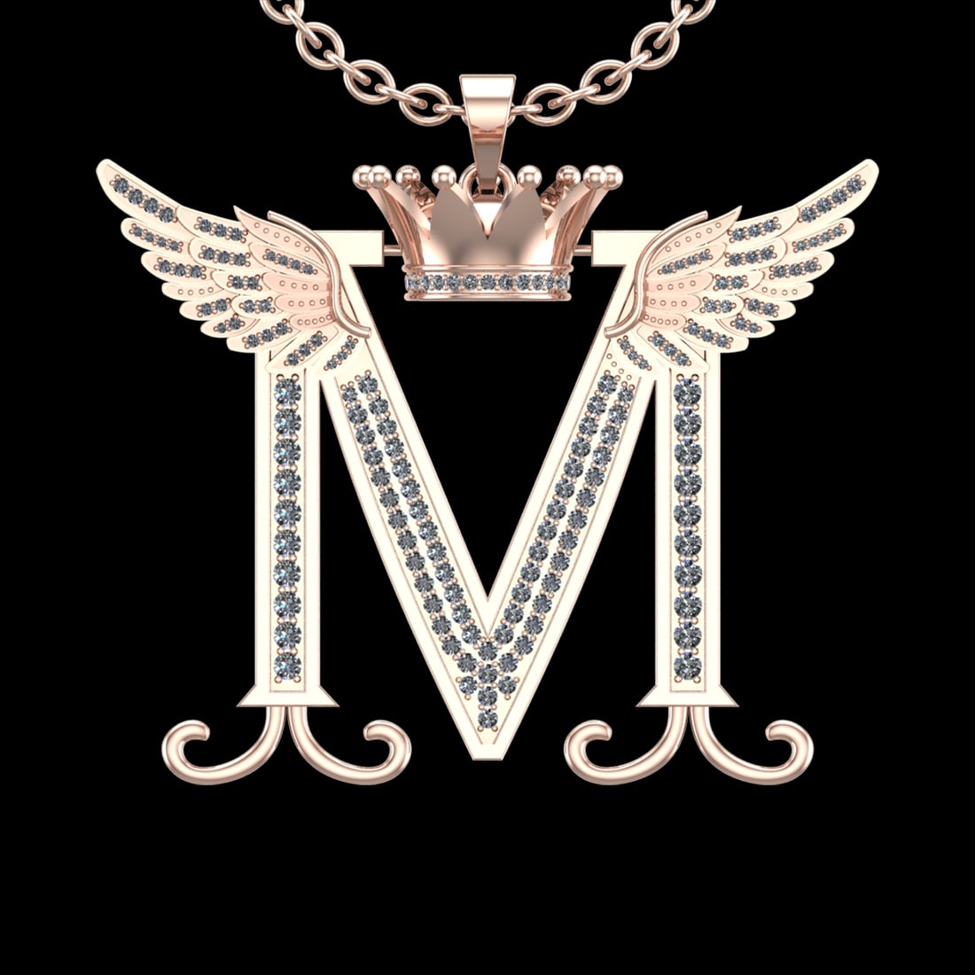 2.17 Ctw VS/SI1 Diamond Prong Set 18K Rose Gold Letter theme ( m) Necklace: Total Diamond Weight : 2.17 Ctw (Round cut) Center Diamond Color :- G-H Center Clarity : VS/SI1 Stone Setting : Prong Metal Weight : Approx 17.80 Gram 18K Rose Gold Letter theme ( m) Necklace (ALL