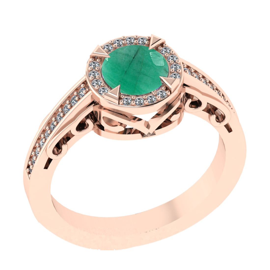 1.02 Ctw VS/SI1 Emerald and Diamond 14k Rose Gold Engagement Ring: Center Stone Weight :-0.84 Ctw ( Round Cut) Center Stone Color :-Emerald Center Stone Setting : Prong Side Diamond Weight Of Ctw :- 0.18 Ctw Color : J-K Clarity : VS/SI1 Daimond Setting : Prong Metal