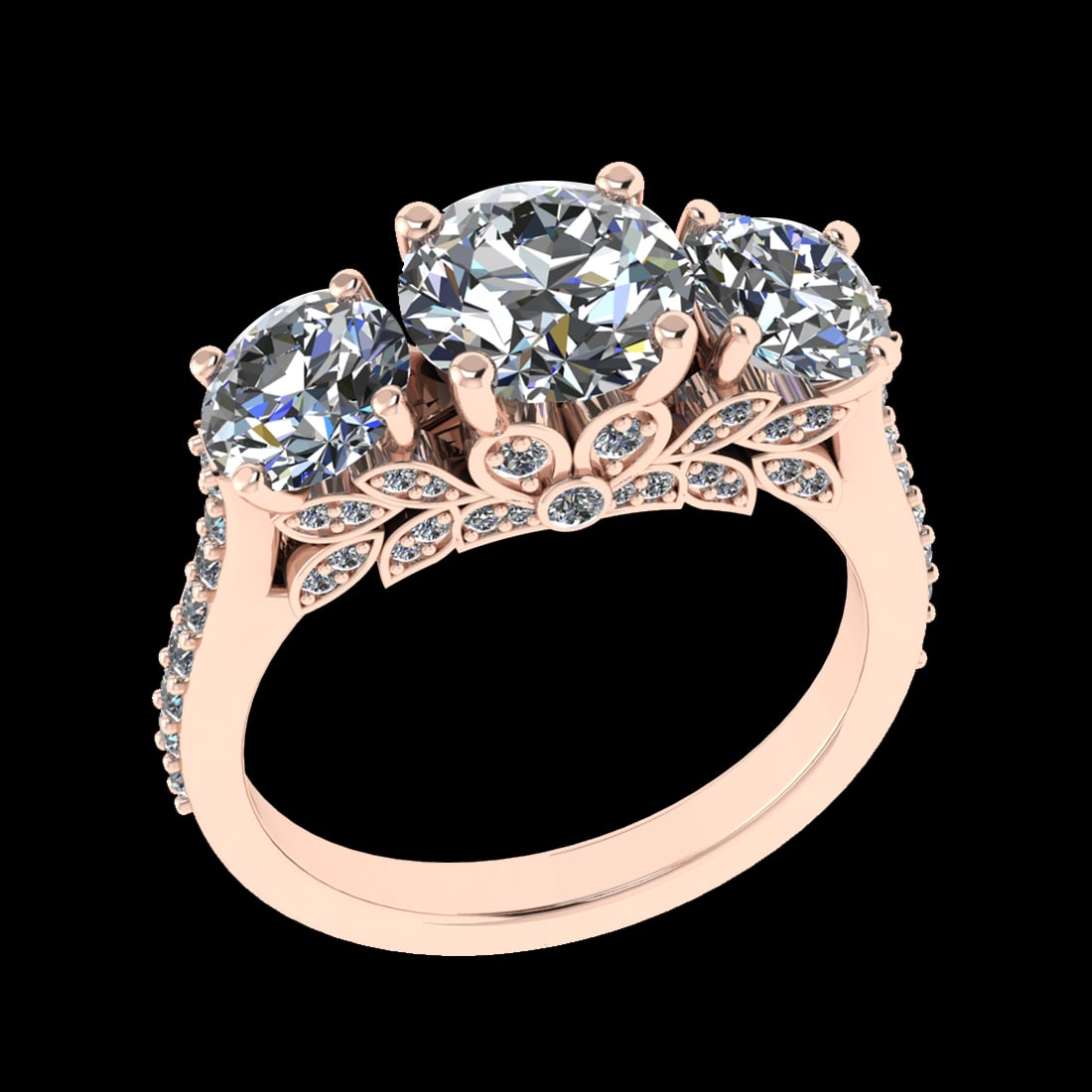 3.93 Ctw VS/SI1 Diamond Prong Set 18k Rose Gold Engagement Ring (ALL DIAMON: Center Daimond Weight :-3.43 Ctw ( 3pc Round Cut) Color : G-H Clarity : VS/SI1 Side Diamond Weight Of Ctw 0.50 Ctw Color : G-H Clarity : VS/SI1 Daimond Setting : Prong Metal Weight : Approx 6.24 gram