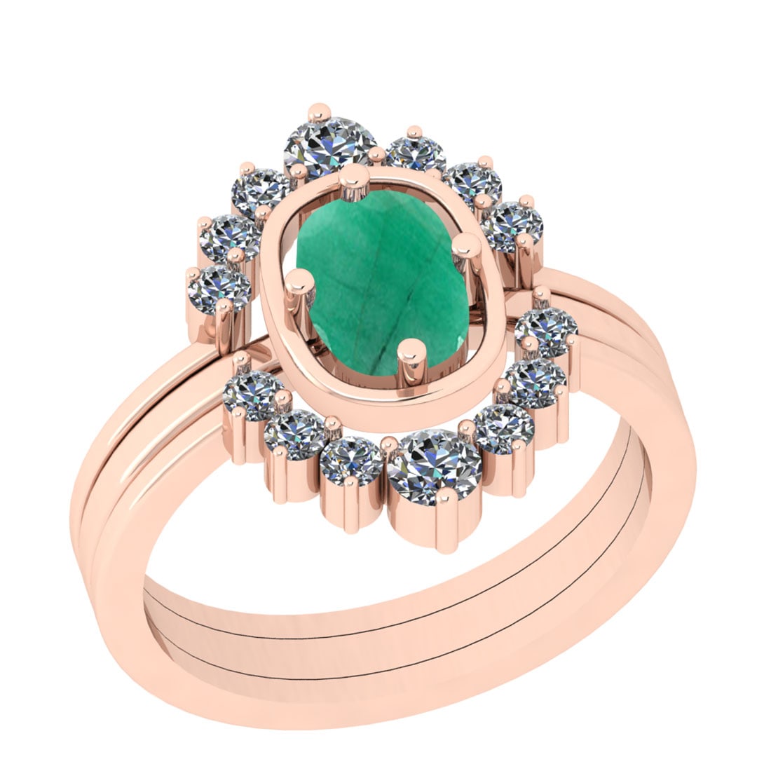 1.40 Ctw VS/SI1 Emerald And Diamond 14K Rose Gold Anniversary Ring: Center Stone Weight : 0.80 Ctw (Cushion Cut) Center Stone Color : Emerald Stone Setting : Prong Side Stone Weight Of Ctw 0.60 Ctw Side Stone Color : J-K Stone Clarity : VS/SI1 Stone Setting : Prong