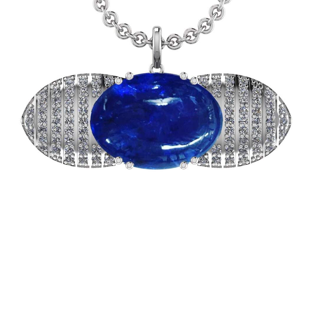 31.58 Ctw VS/SI1 Tanzanite and Diamond 14K White Gold Pendant: Center Stone Weight : 28.71 Ctw ( Oval Cab) Center Stone Color :-Tanzanite Setting : Prong Side Weight Of Ctw 2.87 Ctw Color : J-K Clarity :VS/SI1 Stone Setting : Prong Metal Weight : Approx 17.60 gra