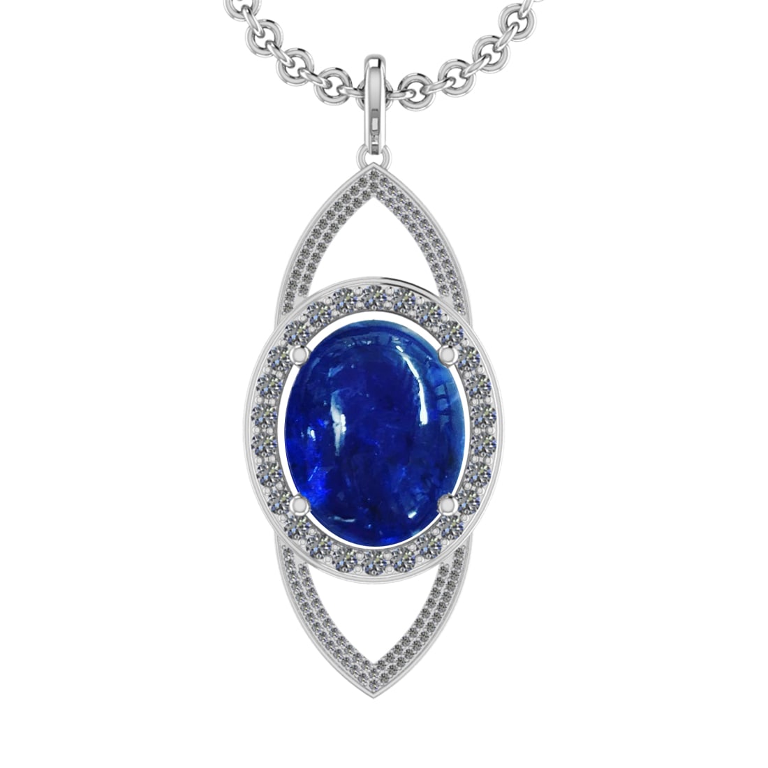 22.50 Ctw VS/SI1 Tanzanite and Diamond 14K White Gold Pendant: Center Stone Weight : 20.84 Ctw ( Oval Cab) Center Stone Color :-Tanzanite Setting : Prong Side Weight Of Ctw 1.66 Ctw Color : J-K Clarity :VS/SI1 Stone Setting : Prong Metal Weight : Approx 11.90 gra