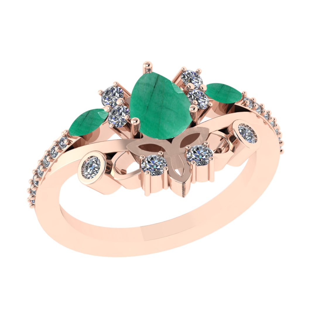 1.75 Ctw VS/SI1 Emerald and Diamond 14k Rose Gold Engagement Ring (ALL DIAM: Center Stone Weight :-0.95 Ctw ( Pear & Marquise Cut) Center Stone Color :-Emerald Center Stone Setting : Prong Center Stone Setting : Prong Side Diamond Weight Of Ctw 0.80 Ctw Color : G-H Clarity : V