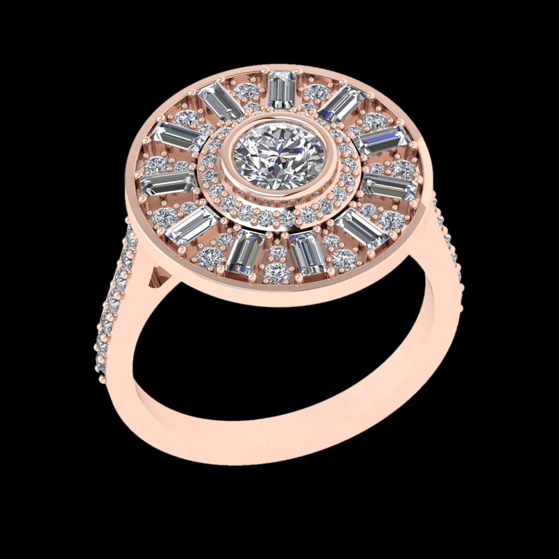 2.51 Ctw VS/SI1 Diamond Prong Set 18K Rose Gold Engagement Ring: Center Diamond Weight :-: 2.00 Ctw ( Round & baguette Cut) Color :- G-H Clarity : VS/SI1 Center Stone Setting : Prong Side Diamond Weight Of Ctw 0.51 Ctw Color : G-H Clarity : VS/SI1 Stone Setting : P
