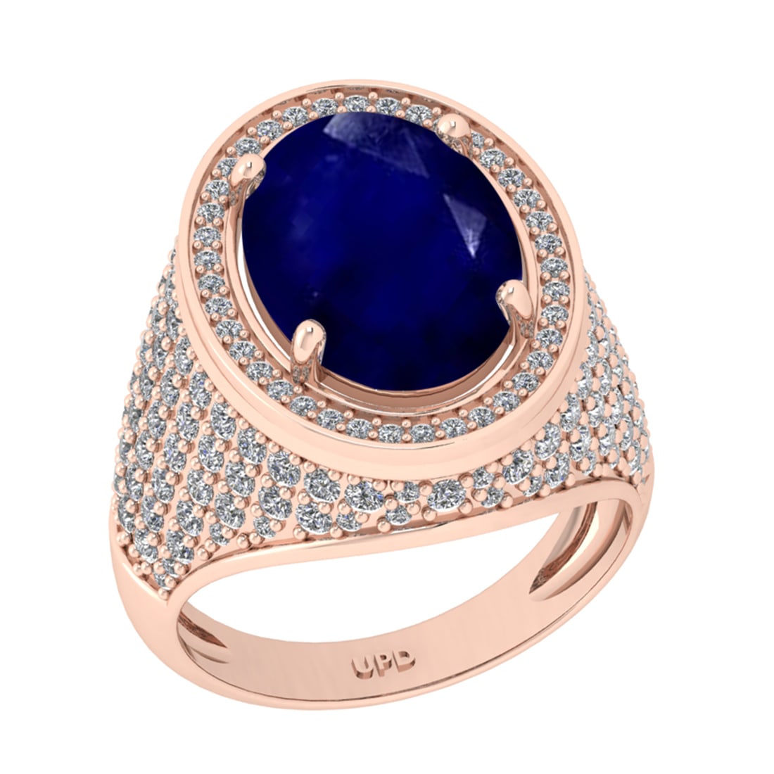7.50 Ctw VS/SI1 Blue Sapphire And Diamond 14K Rose Gold Engagement Ring: Center Stone Weight : 5.90 Ctw ( Oval Cut ) Center Stone Color : Blue Sapphire Stone Setting : Prong Side Diamond Weight Of Ctw1.60 Ctw Side Stone Color : G-H Stone Clarity : VS/SI1 Stone Setting : Pr