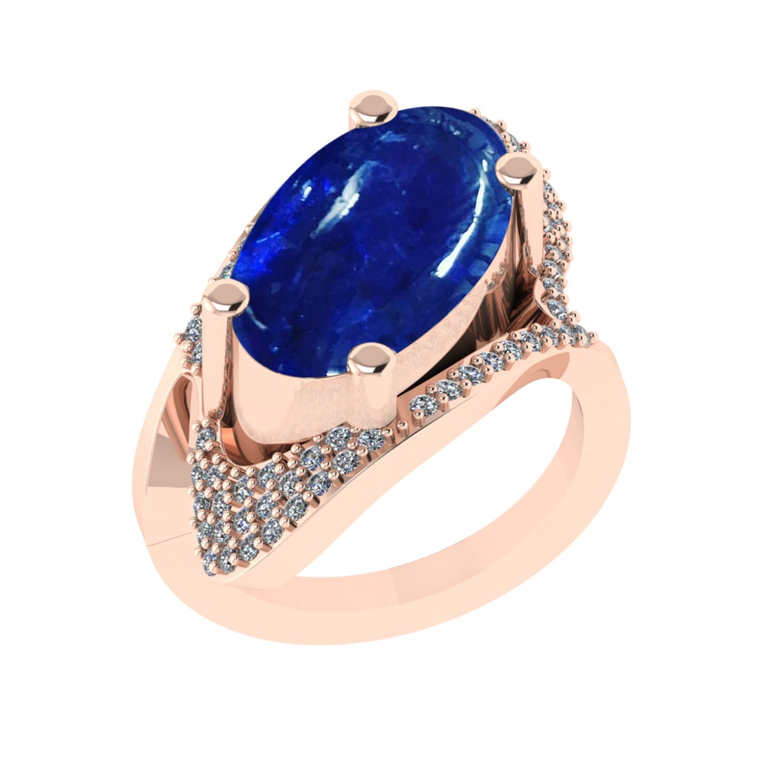 14.48 Ctw VS/SI1 Tanzanite and Diamond Prong Set 14K Rose Gold Engagement R: Color Stone Weight : 13.96 Ctw (Oval Cab) Stone Color :- Tanzanite Center Stone Setting : Prong Side Weight Of Ctw 0.52 Ctw Color : J-K Clarity : VS/SI1 Stone Setting : Prong Metal Weight : Approx 12.