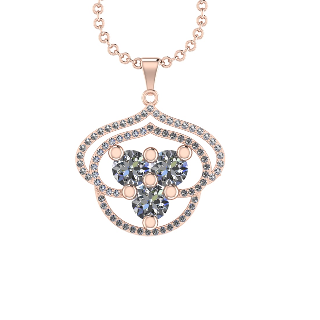 1.11 Ctw VS/SI1 Diamond 14K Rose Gold Necklace (ALL DIAMOND ARE LAB GROWN ): Center Diamond Weight :-0.90 Ctw (3pec Round cut) Color :- J-K Clarity : VS/SI1 Center Stone Setting : Prong Side Diamond Weight Of Ctw 0.21 Ctw Color : J-K Clarity : VS/SI1 Stone Setting : Prong Meta