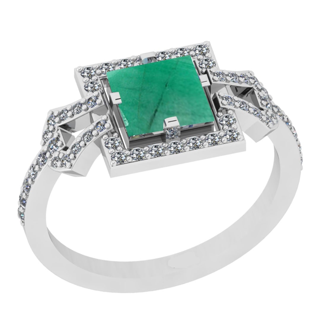 1.34 Ctw VS/SI1 Emerald And Diamond 14K White Gold Wedding Halo Ring: Center Stone Weight : 1.00 Ctw (Cushion Cut )Center Stone Color : Emerald Stone Setting : Prong Side Stone Weight Of Ctw 0.34 Ctw Side Stone Color : J-K Stone Clarity : VS/SI1 Stone Setting : Prong Me