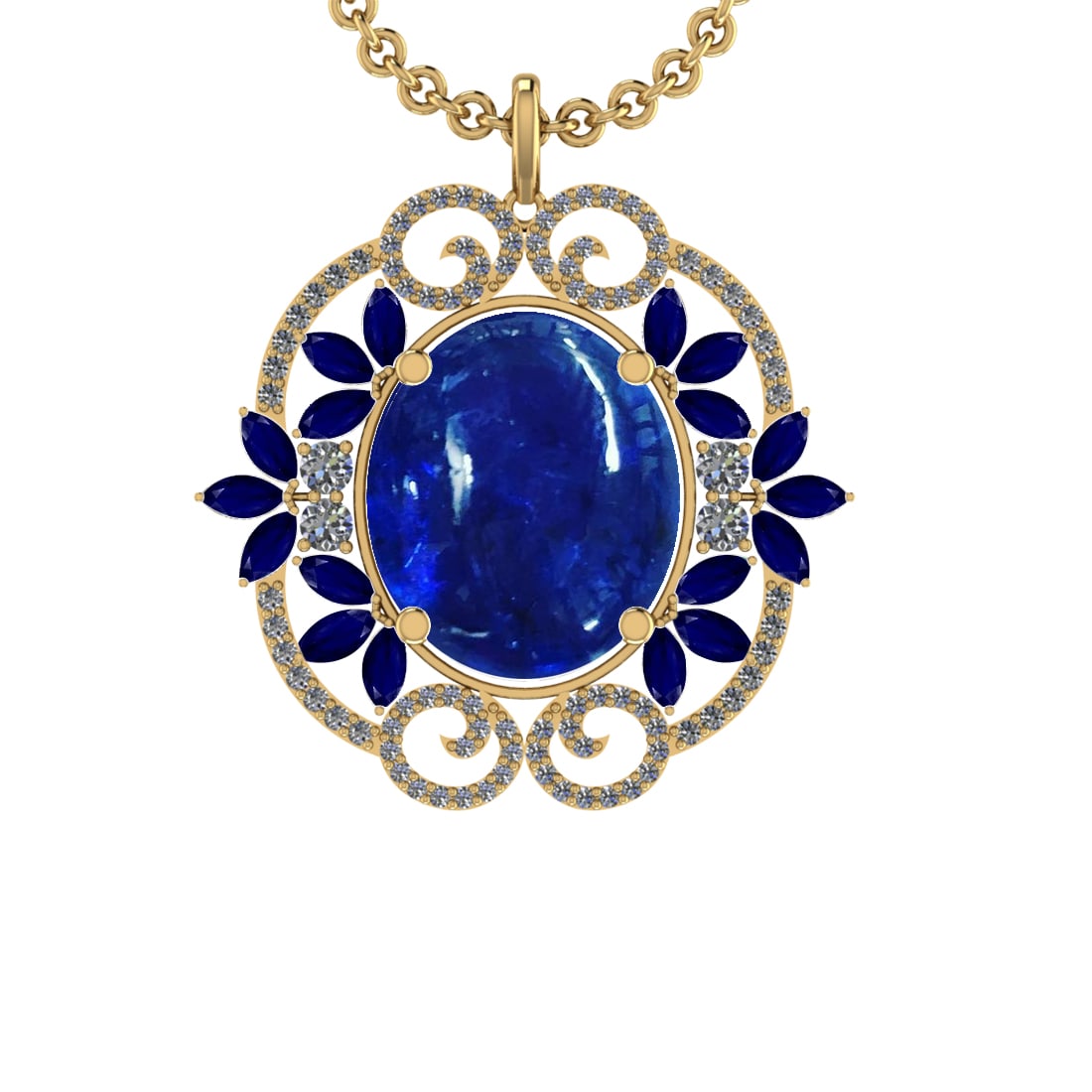 40.84 Ctw VS/SI1 Tanzanite,Blue Sapphire and Diamond 14K Yellow Gold Pendan: Center Stone Weight : 38.36 Ctw ( Oval cab & Marquise Cut) Center Stone Color :-Tanzanite,Blue Sapphire Setting : Prong Side Weight Of Ctw 2.48 Ctw Color : J-K Clarity :VS/SI1 Stone Setting : Prong Me