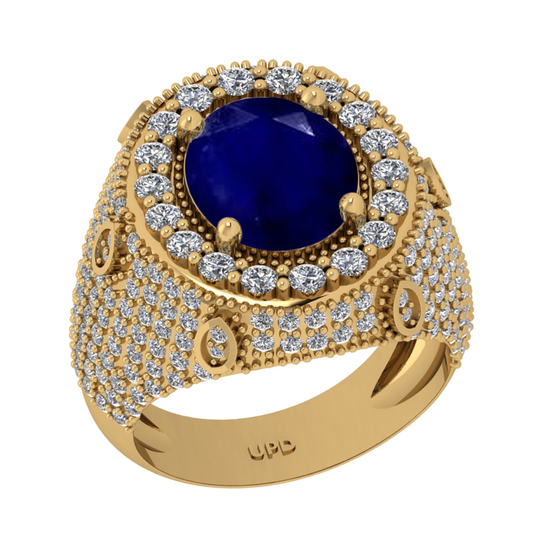 7.00 Ctw VS/SI1 Blue Sapphire And Diamond 14K Yellow Gold Engagement Ring: Center Stone Weight : 5.10 Ctw (Oval Cut ) Center Stone Color : Blue Sapphire Stone Setting : Prong Side Diamond Weight Of Ctw 1.90 Ctw Side Stone Color : G-H Stone Clarity : VS/SI1 Stone Setting : Pr