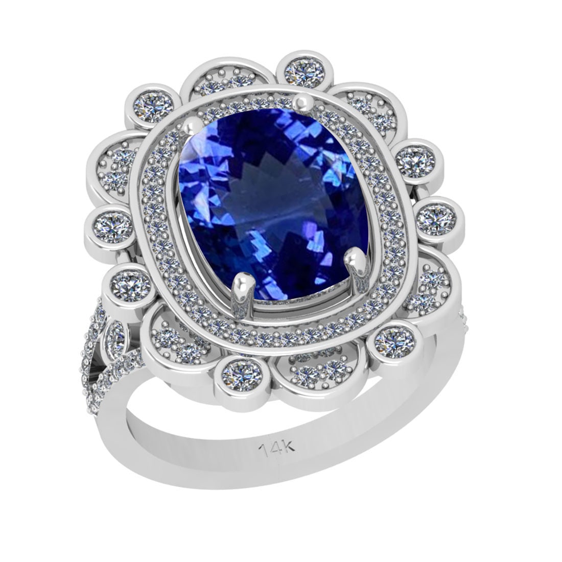 6.71 Ctw VS/SI1 Tanzanite And Diamond 18k White Gold Cocktail Ring: Center Stone Weight : 5.86 Ctw (Cushion Cut ) Center Stone Color : Tanzanite Stone Setting : Prong Side Stone Weight Of Ctw 0.85 Ctw Side Stone Color : J-K Stone Clarity : VS/SI1 Stone Setting : Prong