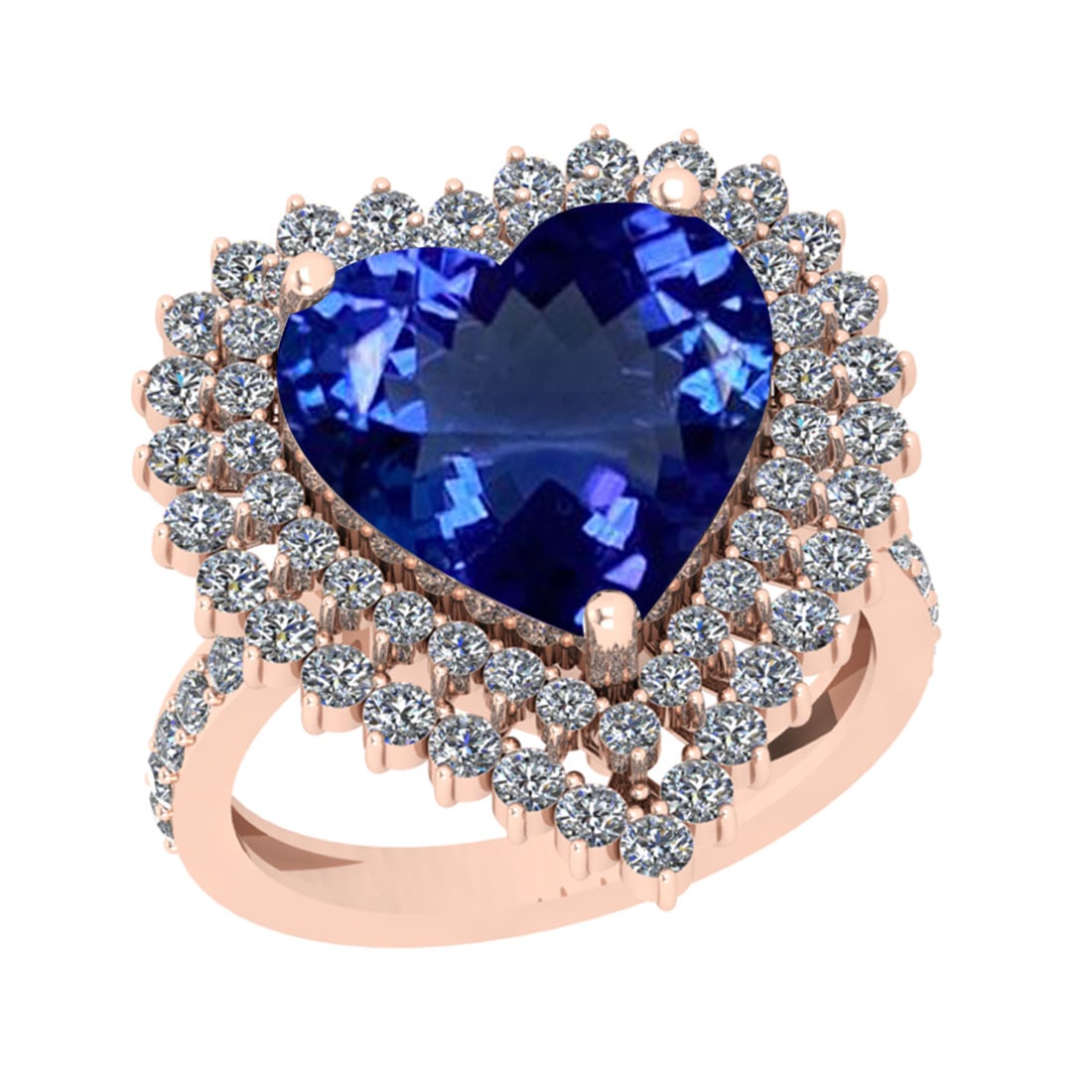 7.08 Ctw VS/SI1 Tanzanite And Diamond 18k Rose Gold Engagement Halo Ring: Center Stone Weight : 5.73 Ctw ( Heart Cut ) Center Stone Color : Tanzanite Stone Setting : Prong Side Diamond Weight Of Ctw 1.35 Ctw Side Stone Color : J-K Stone Clarity : VS/SI1 Stone Setting : Pron