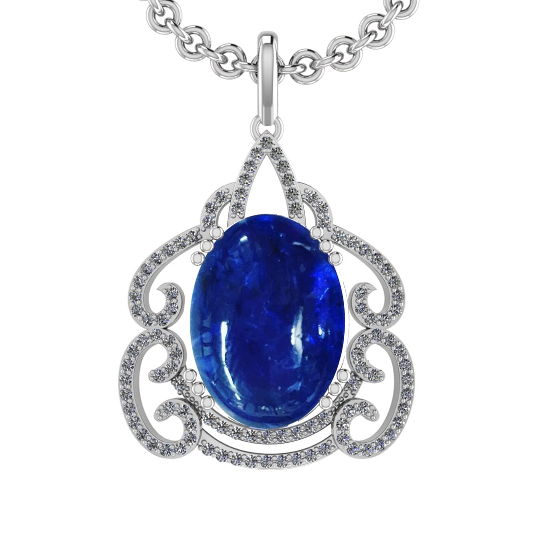 21.77 Ctw VS/SI1 Tanzanite and Diamond 14K Rose Gold Pendant: Center Stone Weight : 20.97 Ctw ( Oval Cab) Center Stone Color :-Tanzanite Setting : Prong Side Weight Of Ctw 0.80 Ctw Color : J-K Clarity :VS/SI1 Stone Setting : Prong Metal Weight : Approx 6.80 gram