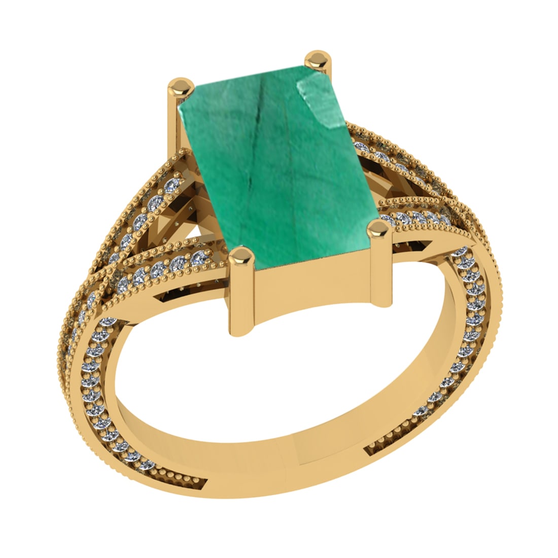 2.95 Ctw VS/SI1 Emerald and Diamond 14k Yellow Gold Engagement Ring (LAB GR: Center Stone Weight :- 2.50 Ctw ( Emerald Cut) Color :- Emerald Center Stone Setting : Prong Side Diamond Weight Of Ctw 0.45 Ctw Color : G-H Clarity : VS/SI1 Stone Setting : Prong Metal Weight : Appro