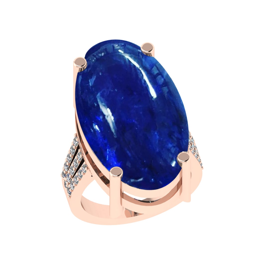 22.14 Ctw VS/SI1 Tanzanite and Diamond Prong Set 14K Rose Gold Engagement R: Color Stone Weight : 21.72 Ctw (Oval Cab) Stone Color :- Tanzanite Center Stone Setting : Prong Side Weight Of Ctw 0.42 Ctw Color : J-K Clarity : VS/SI1 Stone Setting : Prong Metal Weight : Approx 10.