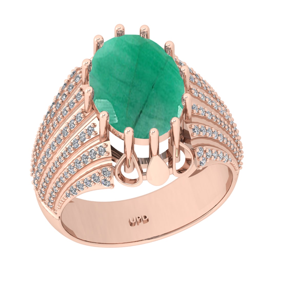 5.06 Ctw VS/SI1 Emerald And Diamond 14K Rose Gold Engagement Ring: Center Stone Weight : 4.50 Ctw ( Oval Cut ) Center Stone Color : Emerald Stone Setting : Prong Side Diamond Weight Of Ctw0.56 Ctw Side Stone Color : G-H Stone Clarity : VS/SI1 Stone Setting : Prong