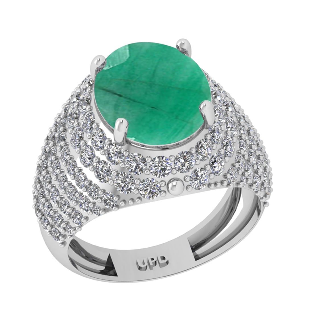 6.72 Ctw VS/SI1 Emerald And Diamond 14K White Gold Engagement Ring: Center Stone Weight : 4.50 Ctw ( Oval Cut ) Center Stone Color : Emerald Stone Setting : Prong Side Diamond Weight Of Ctw2.22 Ctw Side Stone Color : G-H Stone Clarity : VS/SI1 Stone Setting : Prong Me