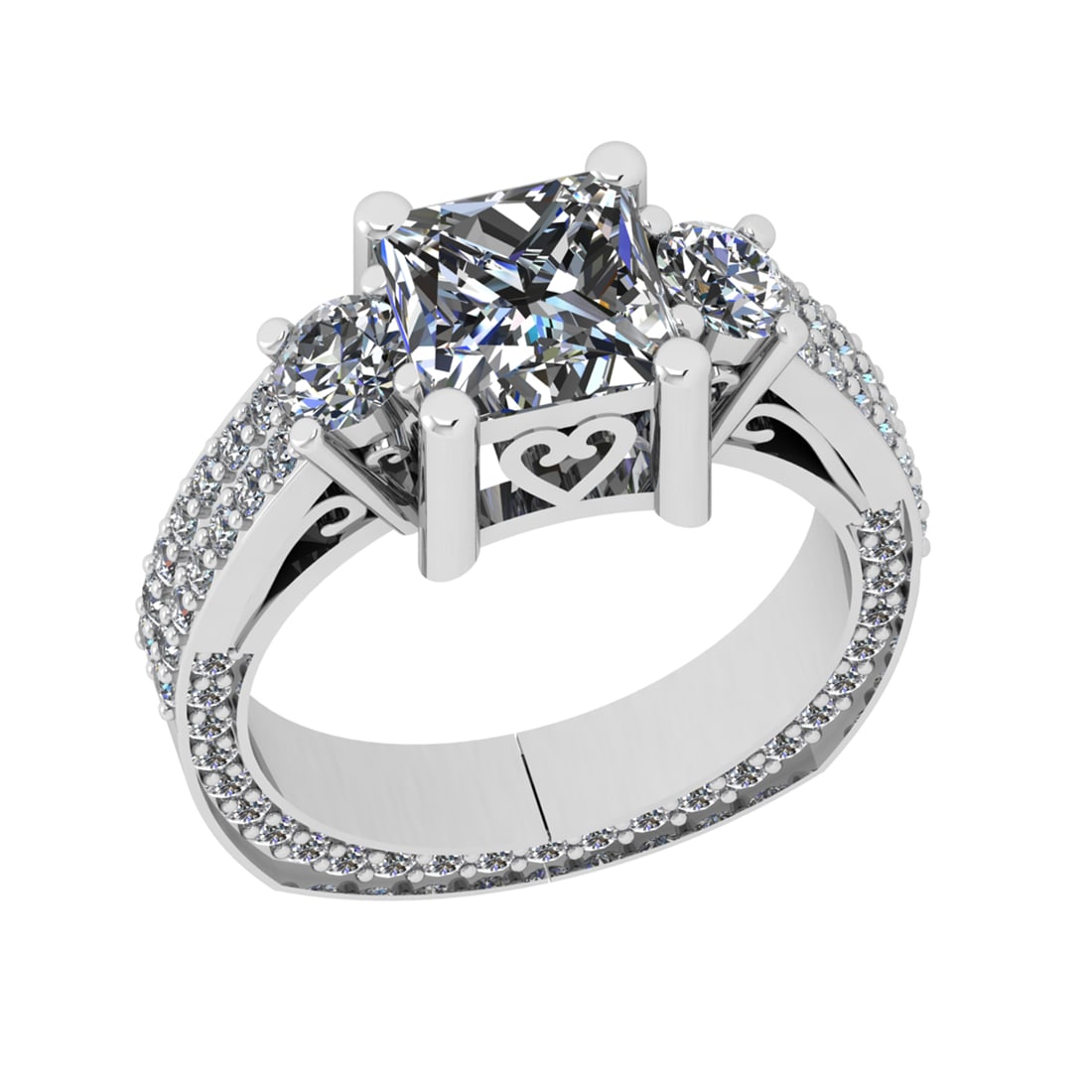 3.47 Ctw SI1/SI2 Diamond Prong Set 14k white Gold Engagement Ring: Center Daimond Weight :-2.50 Ctw ( Princess & Round Cut) Color : G-H Clarity : SI1/SI2 Side Diamond Weight Of Ctw 0.97 Ctw Color : G-H Clarity : SI1/SI2 Daimond Setting : Prong Metal Weight : Approx