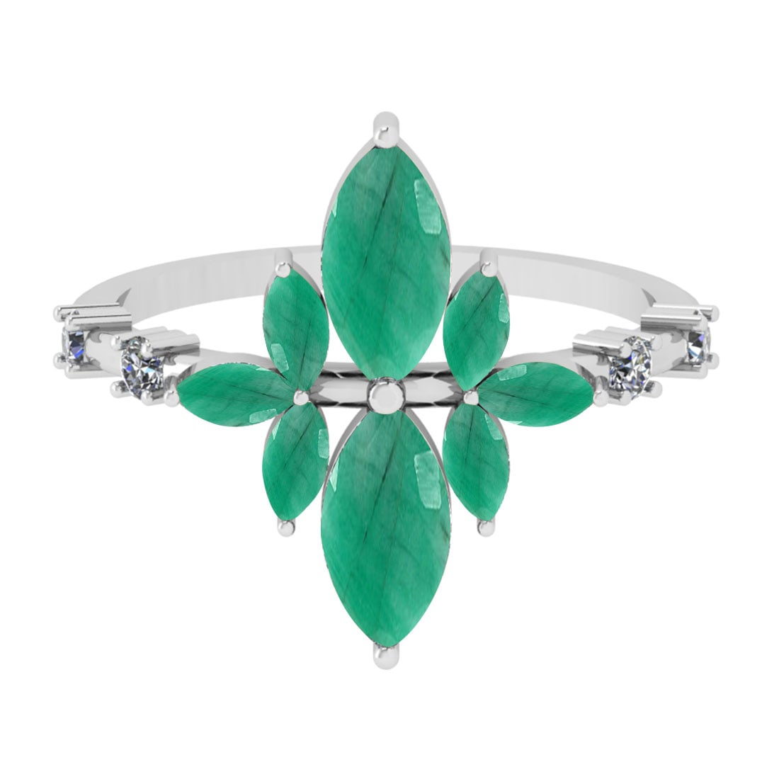 1.75 Ctw VS/SI1 Emerald And Diamond 14K White Gold Cocktail Ring: Center Stone Weight : 1.60 Ctw (Marquise Cut) Center Stone Color : Emerald Stone Setting : Prong Side Stone Weight Of Ctw 0.15 Ctw Side Stone Color : J-K Stone Clarity : VS/SI1 Stone Setting : Prong M