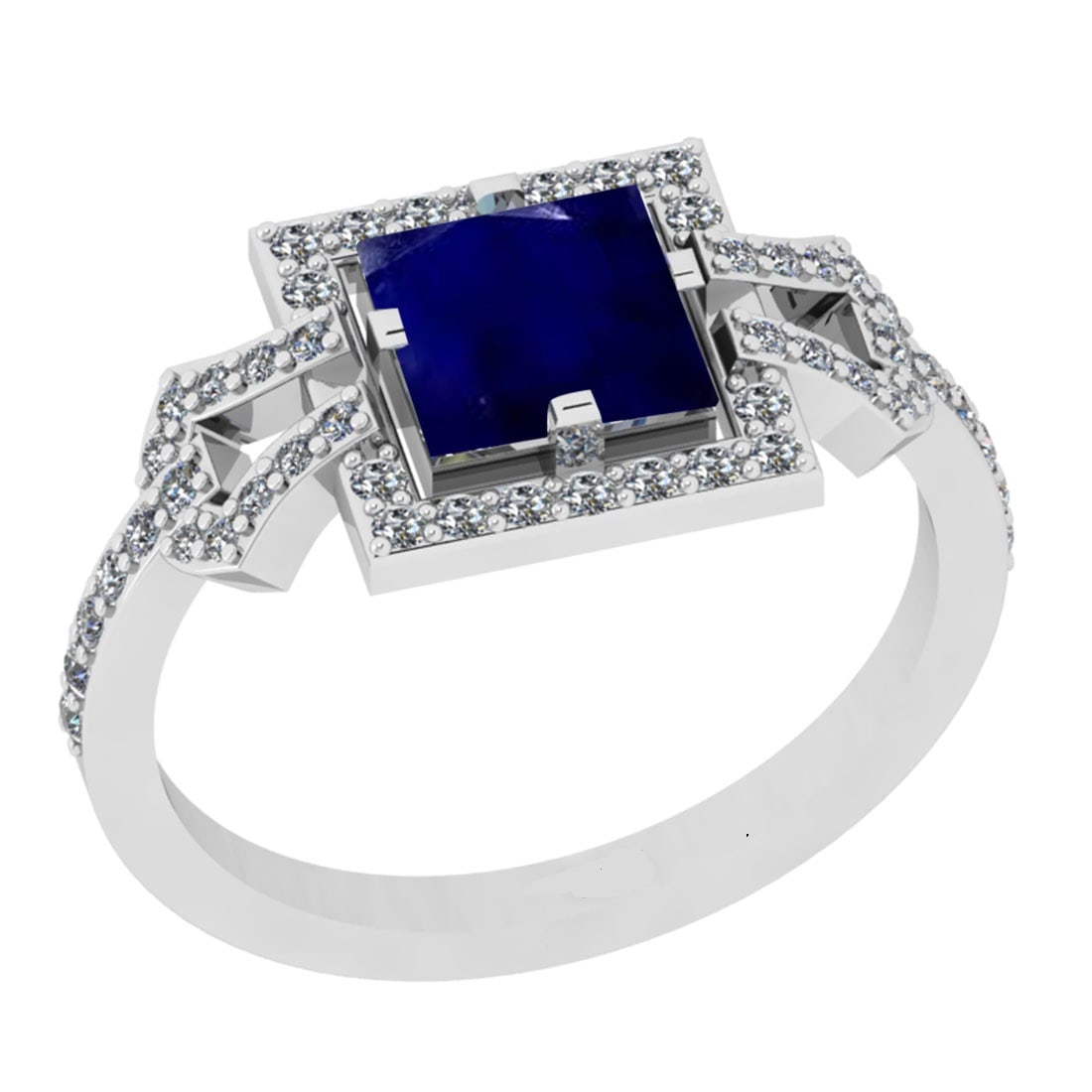 1.34 Ctw VS/SI1 Blue Sapphire And Diamond 14K White Gold Wedding Halo Ring: Center Stone Weight : 1.00 Ctw (Cushion Cut )Center Stone Color : Blue Sapphire Stone Setting : Prong Side Stone Weight Of Ctw 0.34 Ctw Side Stone Color : J-K Stone Clarity : VS/SI1 Stone Setting : Pr