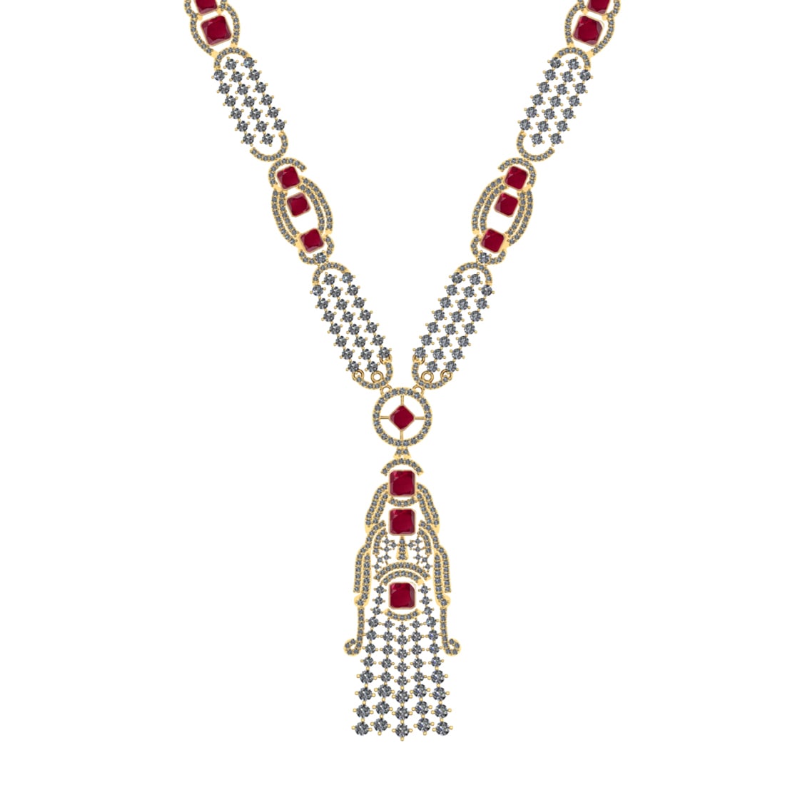 10.25 Ctw VS/SI1 Ruby and Diamond 14k Yellow Gold Necklace ALL DIAMOND ARE: Center Stone Weight :- 3.57 Ctw ( Square Cut) Color :- Ruby Center Stone Setting : Prong Side Diamond Weight Of Ctw 6.68 Ctw Color : G-H Clarity : VS/SI1 Stone Setting : Prong Metal Weight : Approx 19