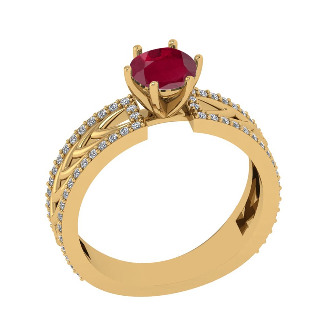 1.36 Ctw VS/SI1 Ruby and Diamond Prong Set 14K Yellow Gold Engagement Ring: Center Stone Weight : 1.00 Ctw (Round Cut) Center Stone Color : Ruby Setting : Prong Side Weight Of Ctw 0.36 Ctw Color : J-K Clarity : VS/SI1 Stone Setting : Prong Metal Weight : Approx 4.60 gram 14K