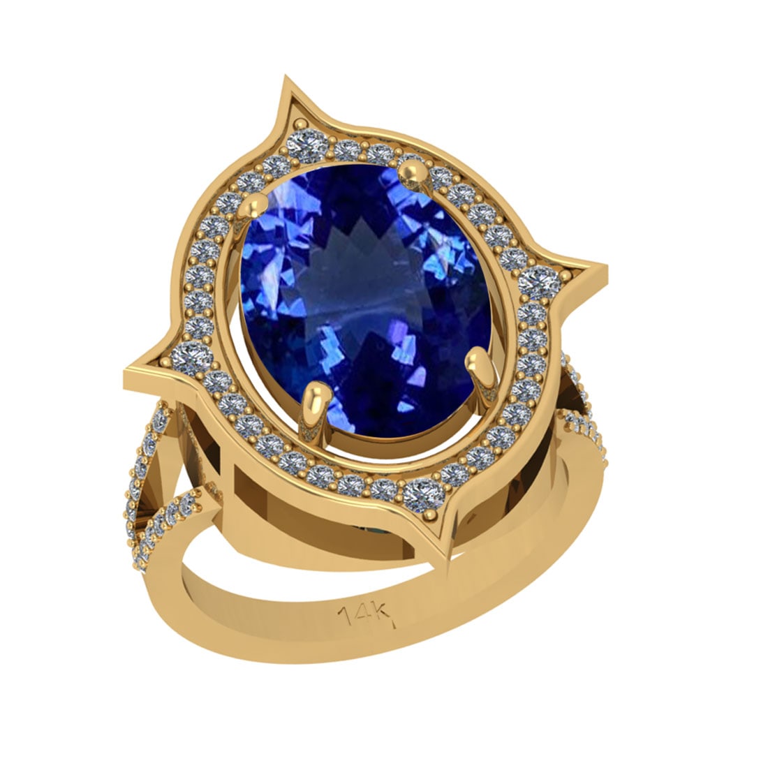 7.70 Ctw VS/SI1 Tanzanite And Diamond 18k Yellow Gold Cocktail Ring: Center Stone Weight : 7.26 Ctw (Oval Cut ) Center Stone Color : Tanzanite Stone Setting : Prong Side Stone Weight Of Ctw 0.44 Ctw Side Stone Color : J-K Stone Clarity : VS/SI1 Stone Setting : Prong Me