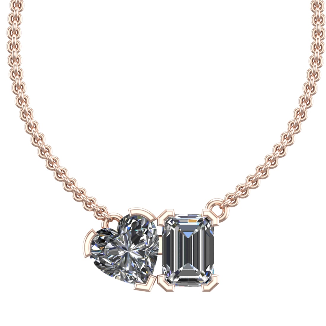 2.25 Ctw SI2/SI1 Diamond Prong Set 14K Rose Gold Two-Stone Pendant Necklace: Total Daimond Weight :-2.25 Ctw ( Heart & Emerald cut ) Color : G-H Clarity : SI2/SI1 Setting : Prong Metal Weight : Approx 2.61 gram 14K Rose Gold Two-Stone Pendant Necklace (ALL DIAMOND ARE LAB