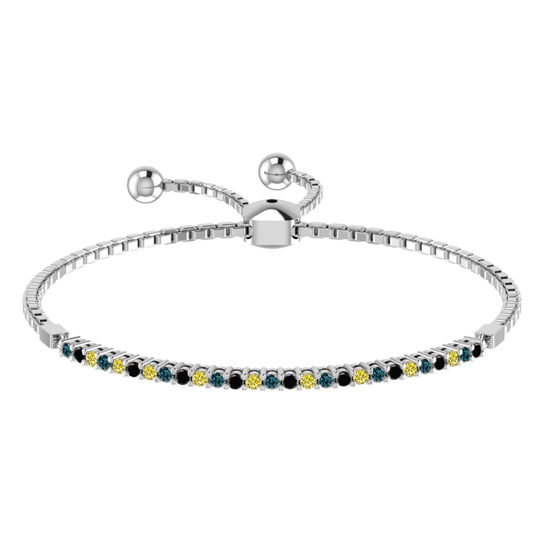 0.64 Ctw I2/I3 Treated Fancy black,Blue,Yellow diamond Prong Set 14k Yellow: Multi Daimond Weight :-0.64 Ctw Color : Treated Fancy black,Blue,Yellow diamond Clarity : I2/I3 Setting : Prong Metal Weight : Approx 6.50 gram 14k Yellow Gold Tennis Slide Bracelet MJ3413-2.0SB #3SS9