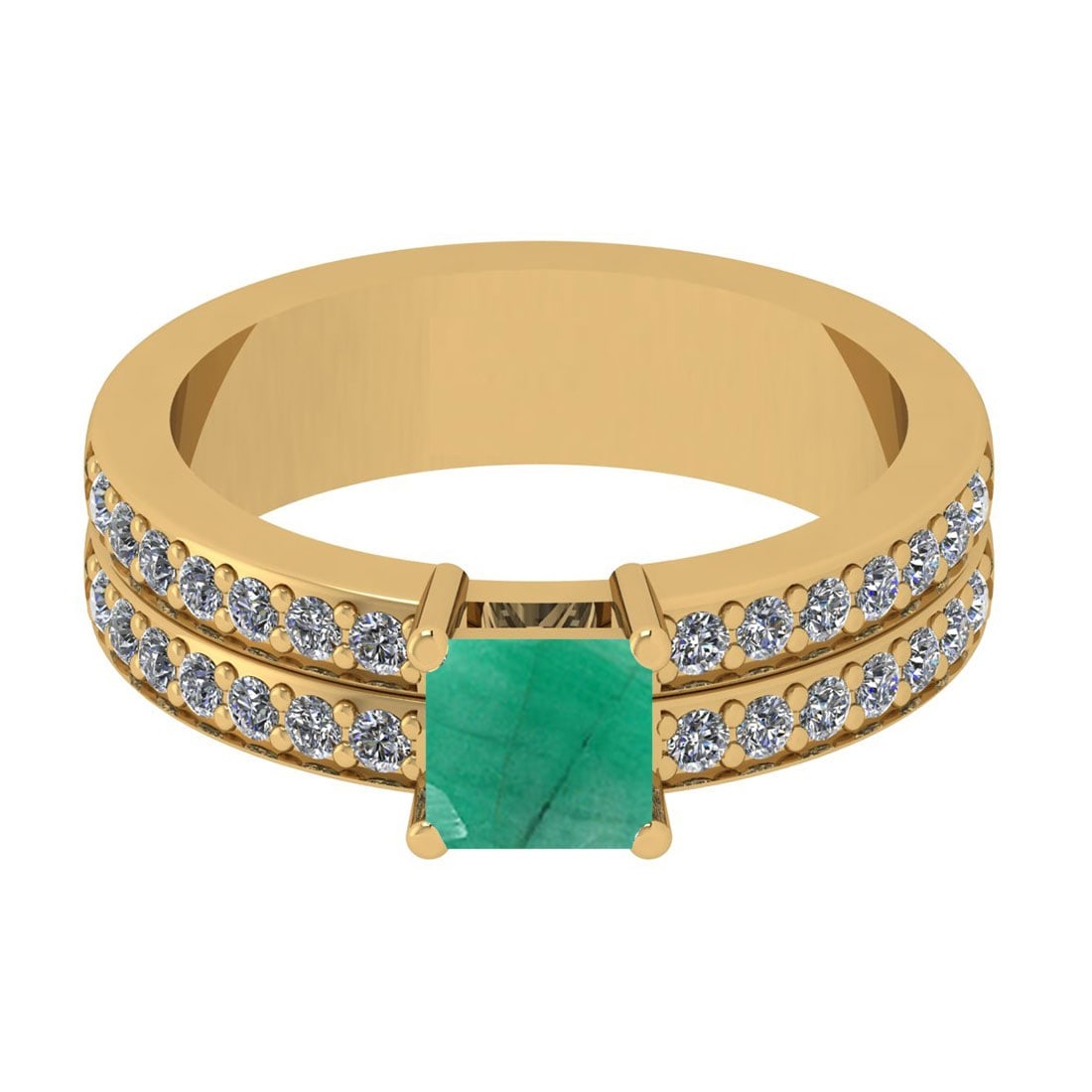 1.10 Ctw VS/SI1 Emerald And Diamond 14K Yellow Gold Cocktail Ring: Center Stone Weight : 0.70 Ctw (Cushion Cut )Center Stone Color : Emerald Stone Setting : Prong Side Stone Weight Of Ctw 0.40 Ctw Side Stone Color : J-K Stone Clarity : VS/SI1 Stone Setting : Prong Me