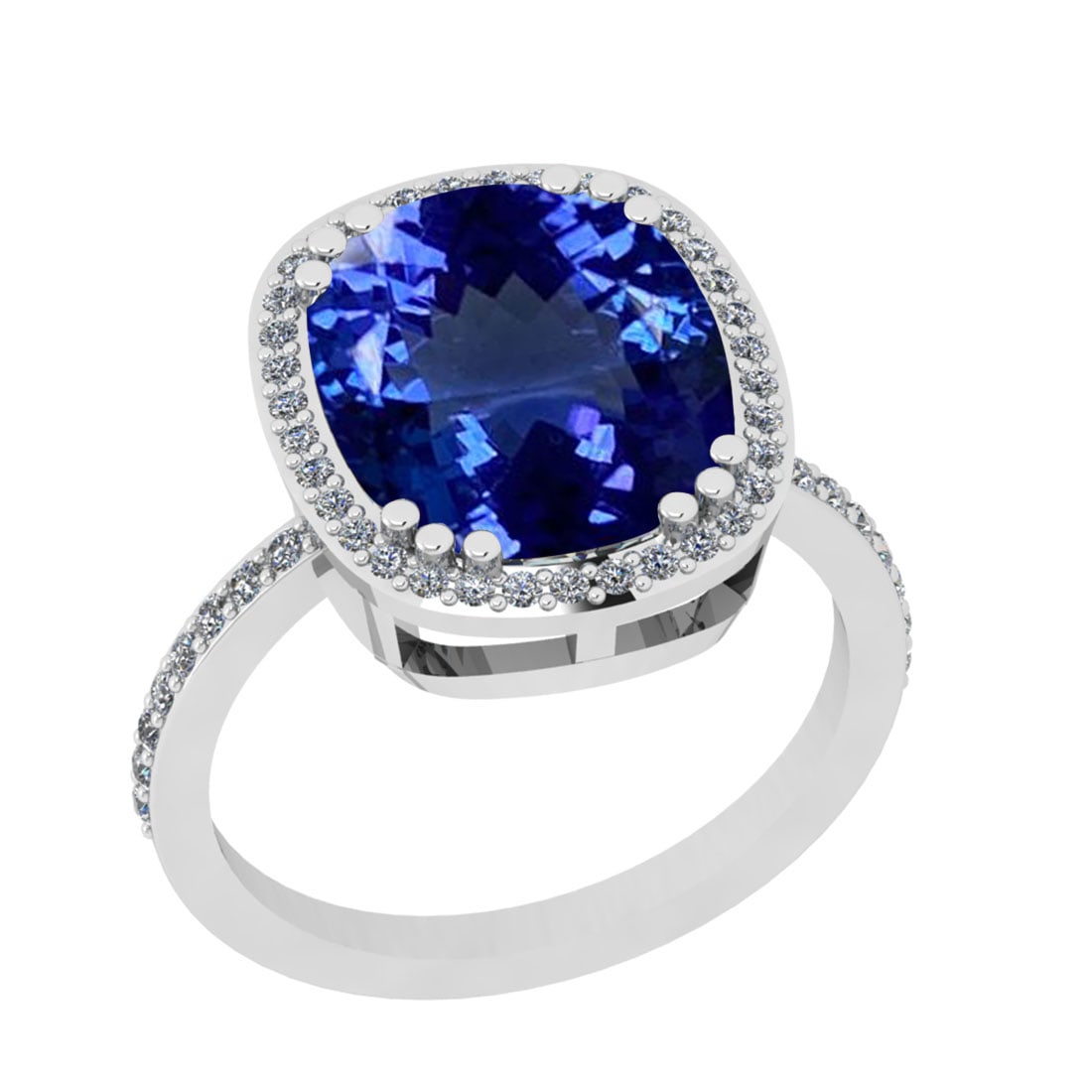 5.20 Ctw VS/SI1 Tanzanite And Diamond 18k White Gold Cocktail Ring: Center Stone Weight : 4.86 Ctw (Cushion Cut ) Center Stone Color : Tanzanite Stone Setting : Prong Side Stone Weight Of Ctw 0.34 Ctw Side Stone Color : J-K Stone Clarity : VS/SI1 Stone Setting : Prong