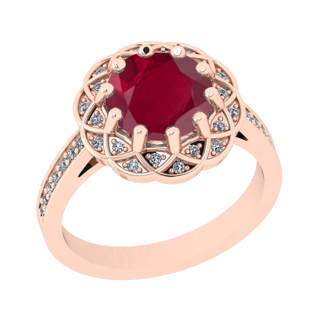 2.68 Ctw VS/SI1 Rubyand Diamond Prong Set 14k Rose Gold Engagement Ring: Center Stone Weight :-2.43 Ctw ( Round Cut ) Center Stone Color :-Ruby Center Stone Setting : Prong Side Diamond Weight Of Ctw :- 0.25 Ctw Color : J-K Clarity : VS/SI1 Daimond Setting : Prong Metal We