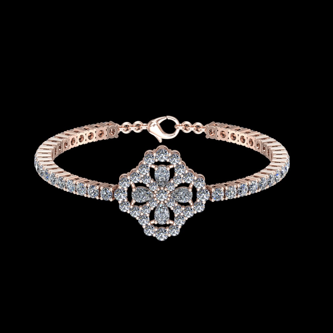 11.96 Ctw VS/SI1 Diamond Prong Set 10K Rose Gold Bracelet Current Size 7.5: Center Daimond Weight :-2.00 Ctw ( Peart Cut) Color : J-K Clarity : VS/SI1 Side Diamond Weight Of Ctw 9.96 Ctw Color : J-K Clarity : VS/SI1 Daimond Setting : Prong Metal Weight : Approx 22.69 gram 10K