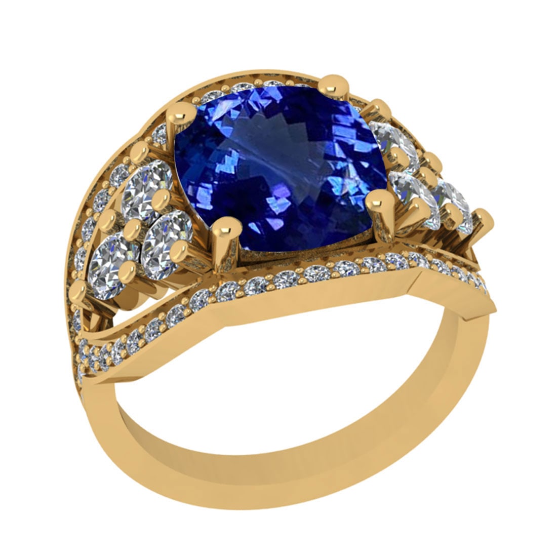 6.51 Ctw VS/SI1 Tanzanite And Diamond 18k Yellow Gold Cocktail Ring: Center Stone Weight : 5.09 Ctw (Cushion Cut ) Center Stone Color : Tanzanite Stone Setting : Prong Side Stone Weight Of Ctw 1.42 Ctw Side Stone Color : J-K Stone Clarity : VS/SI1 Stone Setting : Prong