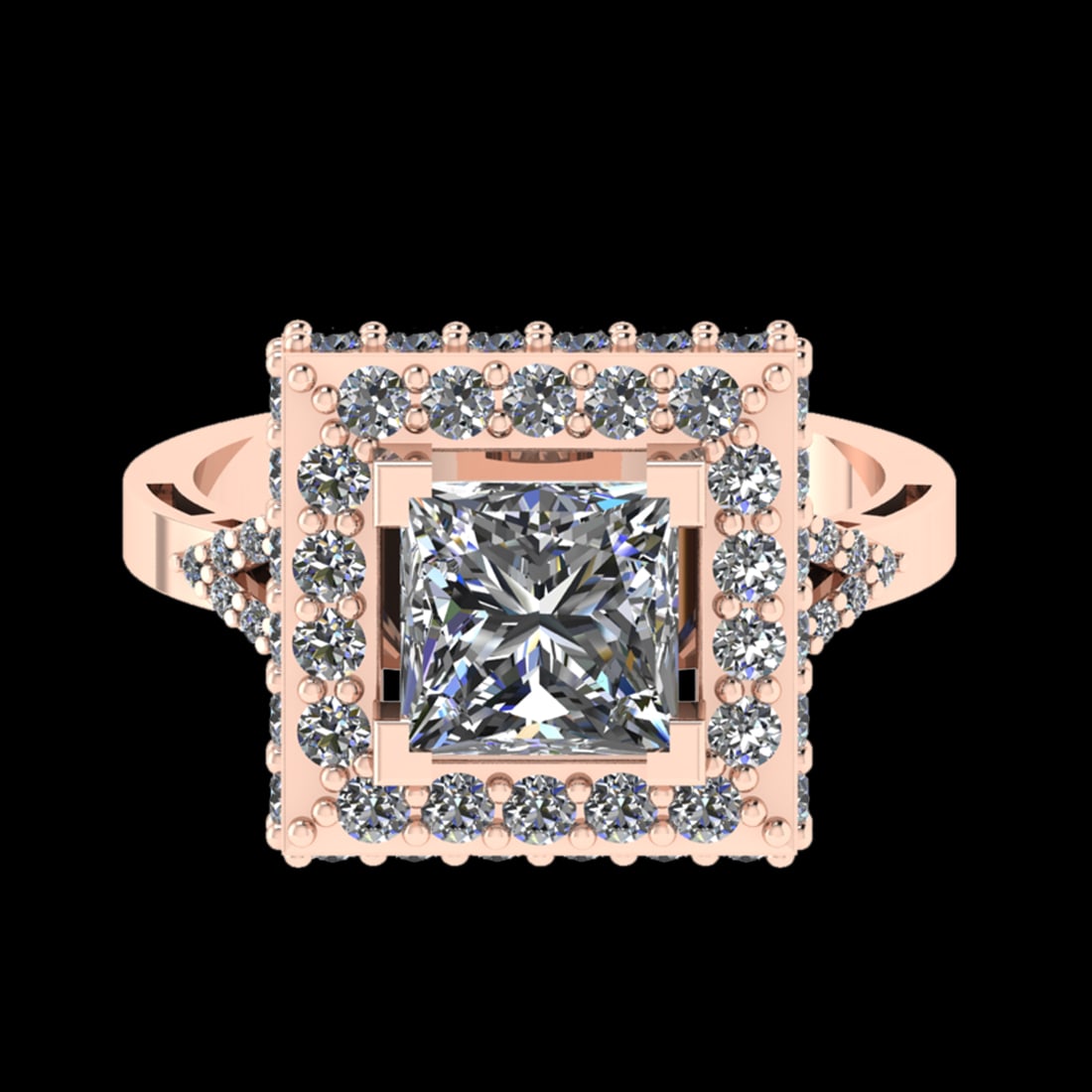 2.23 Ctw VS/SI1 Diamond Prong Set 18K Rose Gold Engagement Ring: Center Diamond Weight :-1.10 Ctw ( Princess Cut) Color :- G-H Clarity : VS/SI1 Center Stone Setting : Prong Side Diamond Weight Of Ctw 1.13 Ctw Color : G-H Clarity : VS/SI1 Stone Setting : Prong Metal