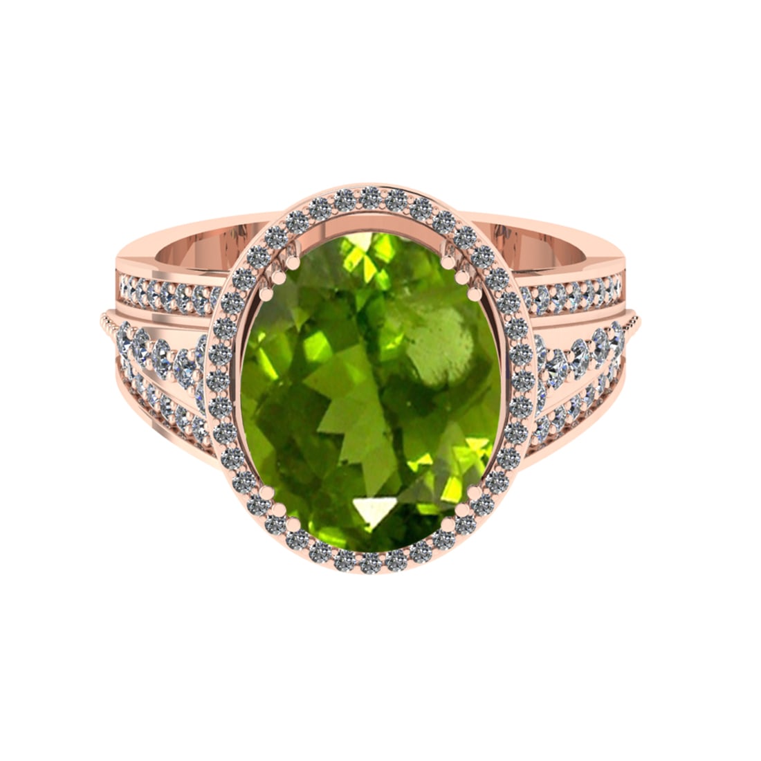 5.60 Ctw VS/SI1 Peridot And Diamond 14K Rose Gold Engagement Ring( ALL DIAM: Center Stone Weight : 5.00 Ctw ( Oval Cut ) Center Stone Color : Peridot Stone Setting : Prong Side Diamond Weight Of Ctw 0.60 Ctw Side Stone Color : J-K Stone Clarity : VS/SI1 Stone Setting : Prong M