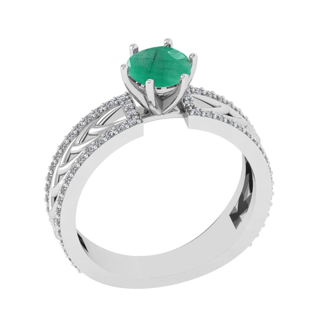 1.36 Ctw VS/SI1 Emerald and Diamond Prong Set 14K White Gold Engagement Rin: Center Stone Weight : 1.00 Ctw (Round Cut) Center Stone Color : Emerald Setting : Prong Side Weight Of Ctw 0.36 Ctw Color : J-K Clarity : VS/SI1 Stone Setting : Prong Metal Weight : Approx 4.60 gram 1