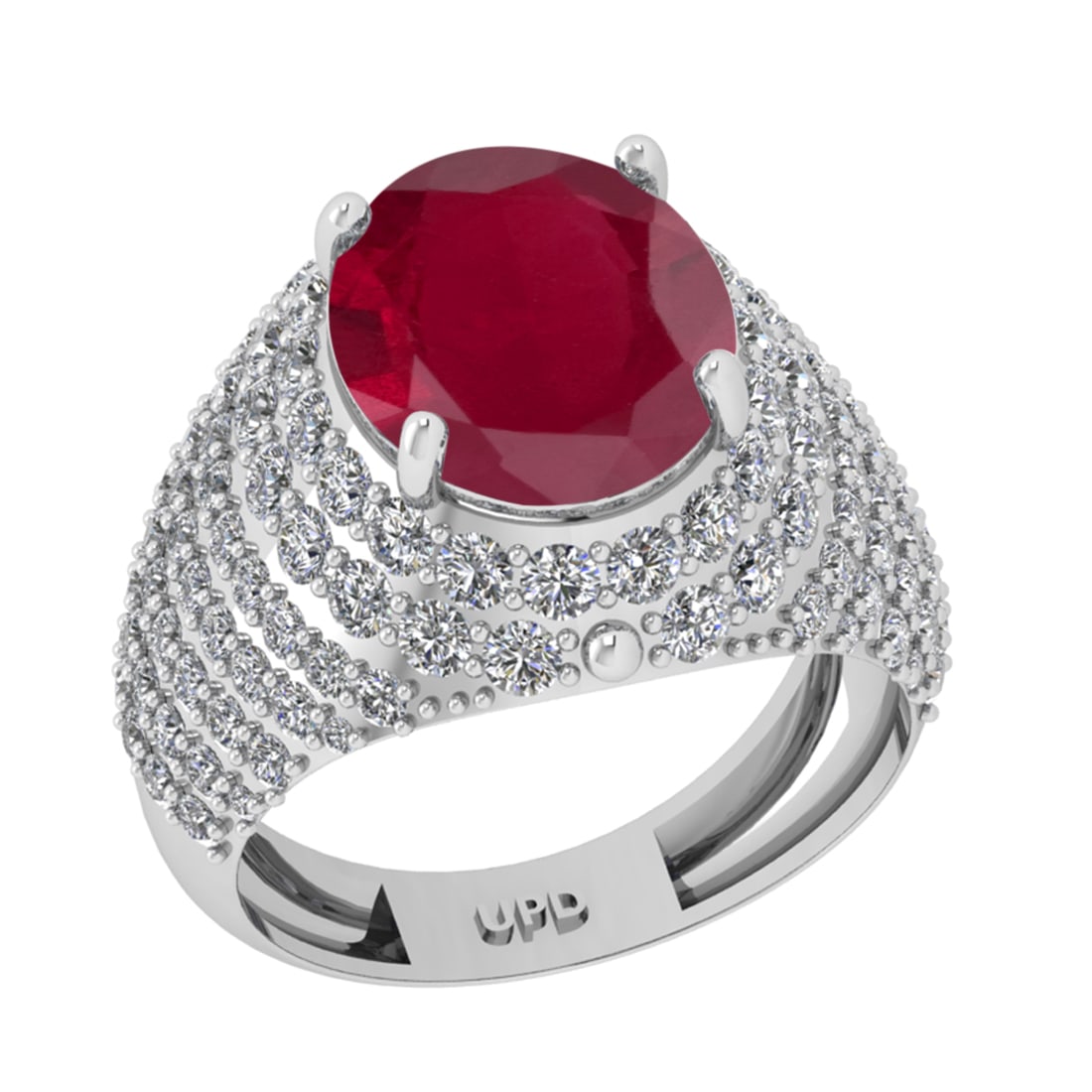 6.72 Ctw VS/SI1 Ruby And Diamond 14K White Gold Engagement Ring: Center Stone Weight : 4.50 Ctw ( Oval Cut ) Center Stone Color : Ruby Stone Setting : Prong Side Diamond Weight Of Ctw2.22 Ctw Side Stone Color : G-H Stone Clarity : VS/SI1 Stone Setting : Prong Metal