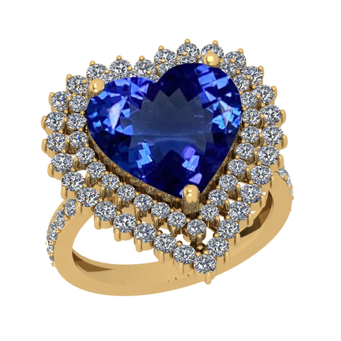 7.08 Ctw VS/SI1 Tanzanite And Diamond 18k Yellow Gold Engagement Halo Ring: Center Stone Weight : 5.73 Ctw ( Heart Cut ) Center Stone Color : Tanzanite Stone Setting : Prong Side Diamond Weight Of Ctw 1.35 Ctw Side Stone Color : J-K Stone Clarity : VS/SI1 Stone Setting : Pron