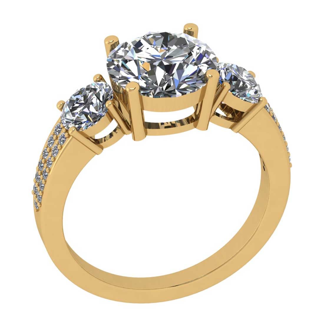 4.15 Ctw SI2/I1 Diamond Style Prong Set 18K Yellow Gold three stone Ring: Center Diamond Weight : 3.00 Ctw ( Round Cut) Center Diamond Color : G-H Center Stone Setting : Prong Center Stone Clarity : SI2/I1 Side Stone Weight Of Ctw 1.15 Ctw Side Stone Color : G-H Stone Clari