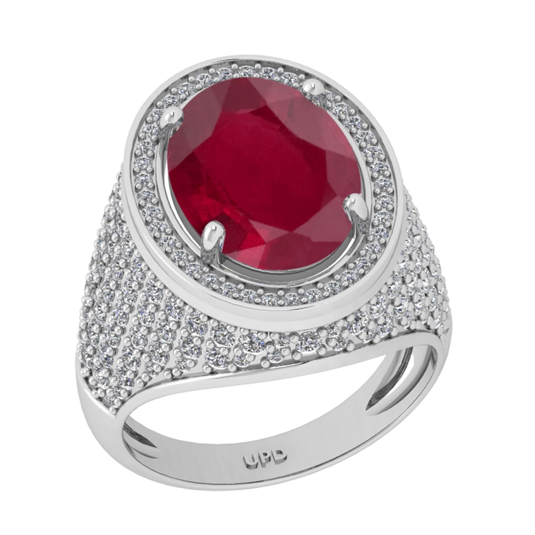 7.50 Ctw VS/SI1 Ruby And Diamond 14K White Gold Engagement Ring: Center Stone Weight : 5.90 Ctw ( Oval Cut ) Center Stone Color : Ruby Stone Setting : Prong Side Diamond Weight Of Ctw1.60 Ctw Side Stone Color : G-H Stone Clarity : VS/SI1 Stone Setting : Prong Metal