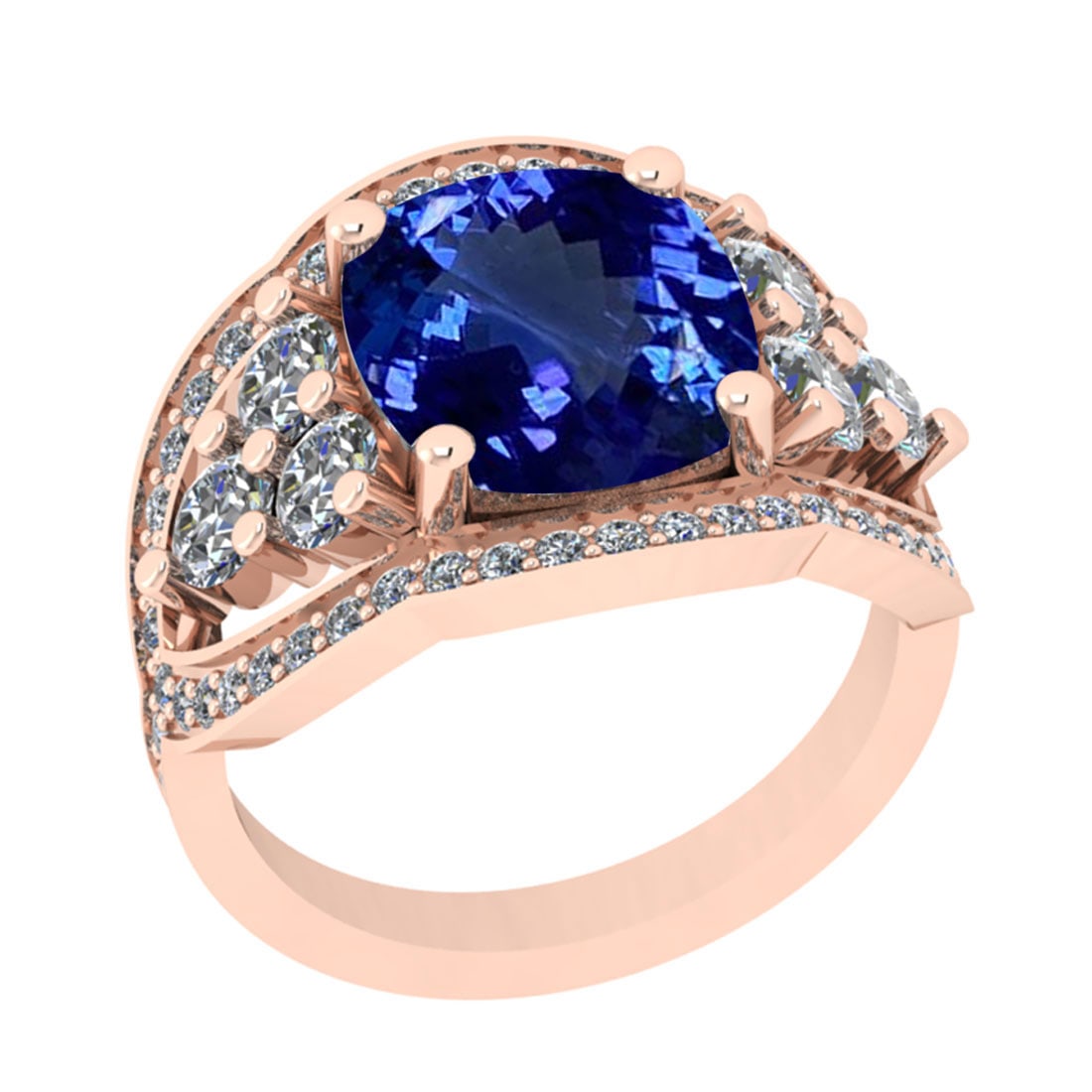 6.51 Ctw VS/SI1 Tanzanite And Diamond 18k Rose Gold Cocktail Ring: Center Stone Weight : 5.09 Ctw (Cushion Cut ) Center Stone Color : Tanzanite Stone Setting : Prong Side Stone Weight Of Ctw 1.42 Ctw Side Stone Color : J-K Stone Clarity : VS/SI1 Stone Setting : Prong