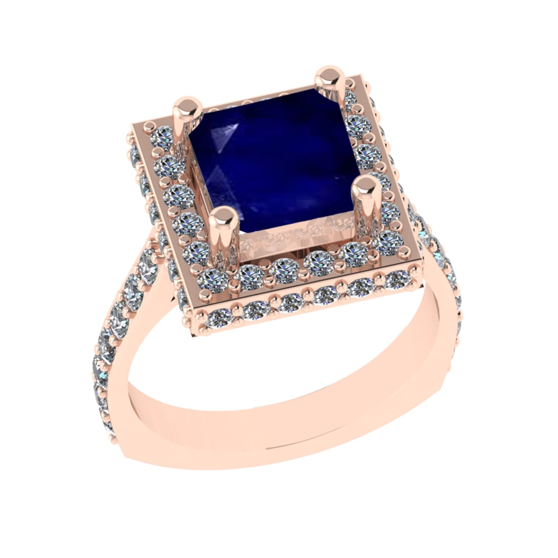 3.21 Ctw VS/SI1 Blue Sapphire And Diamond 14k Rose Gold Engagement Ring (AL: Center Stone Weight : 1.80 Ctw ( Cushion Cut ) Center Stone Color : Blue Sapphire Stone Setting : Prong Side Diamond Weight Of Ctw 1.41 Ctw Side Stone Color : G-H Stone Clarity : VS/SI1 Stone Setting