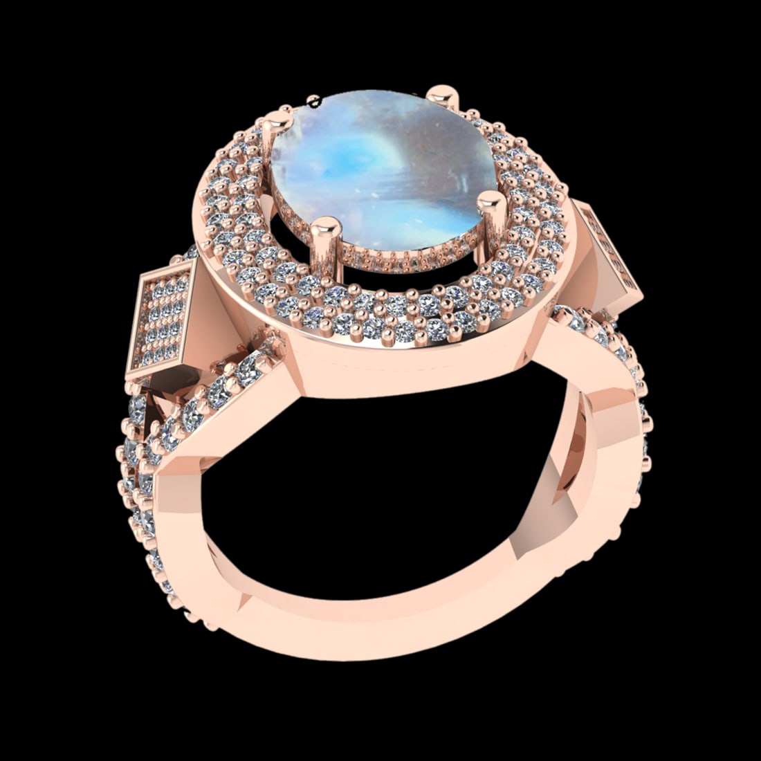 6.37 Ctw VS/SI1 Rainbow Moonstone And Diamond 14K Rose Gold Engagement Ring: Center Stone Weight : 5.35 Ctw ( Oval Cab ) Center Stone Color : Rainbow Moonstone Stone Setting : Prong Side Diamond Weight Of Ctw 1.02 Ctw Side Stone Color : J-K Stone Clarity : VS/SI1 Stone Setting