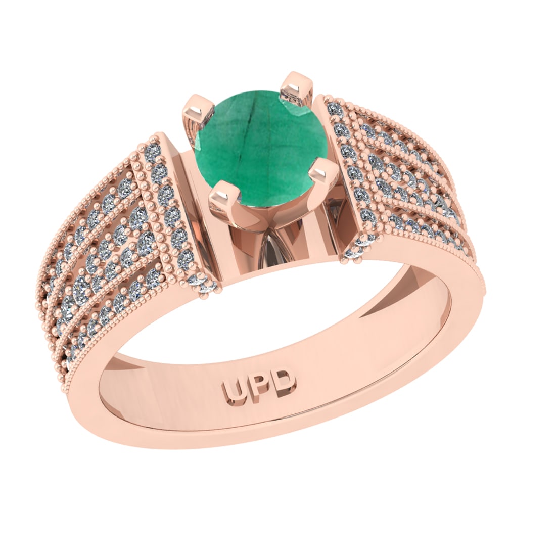 1.26 Ctw VS/SI1 Emerald and Diamond 14k Rose Gold Engagement Ring (ALL DIAM: Center Stone Weight :-0.84 Ctw ( Round Cut) Center Stone Color :-Emerald Center Stone Setting : Prong Side Diamond Weight Of Ctw :- 0.42 Ctw Color : J-K Clarity : VS/SI1 Daimond Setting : Prong Metal
