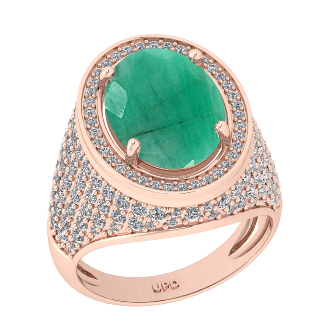 7.50 Ctw VS/SI1 Emerald And Diamond 14K Rose Gold Engagement Ring: Center Stone Weight : 5.90 Ctw ( Oval Cut ) Center Stone Color : Emerald Stone Setting : Prong Side Diamond Weight Of Ctw1.60 Ctw Side Stone Color : G-H Stone Clarity : VS/SI1 Stone Setting : Prong Me